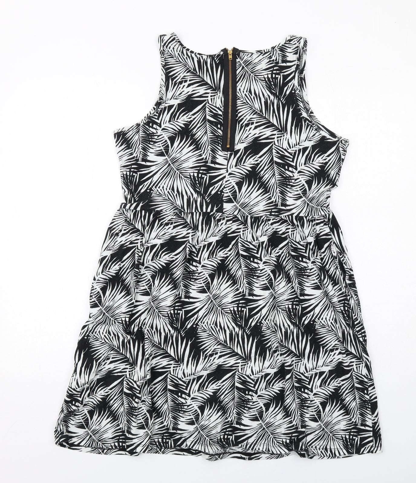 H&M Womens Black Geometric Cotton Tank Dress Size L Round Neck Zip - Leaf pattern