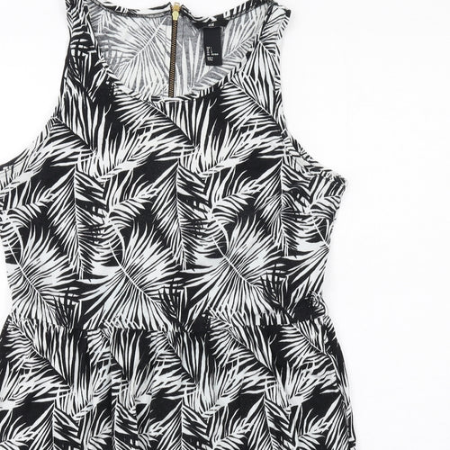 H&M Womens Black Geometric Cotton Tank Dress Size L Round Neck Zip - Leaf pattern
