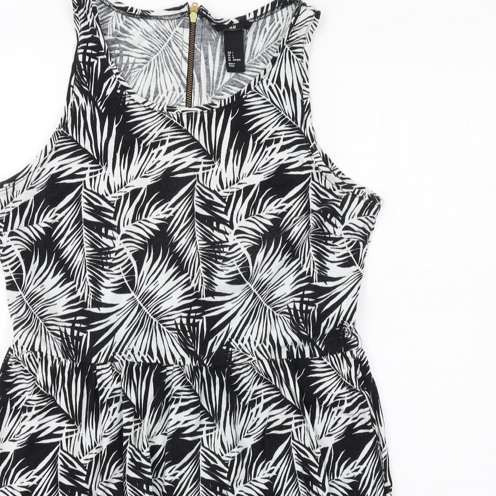 H&M Womens Black Geometric Cotton Tank Dress Size L Round Neck Zip - Leaf pattern
