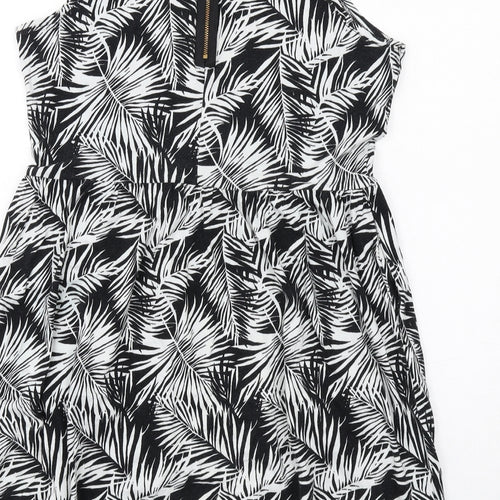 H&M Womens Black Geometric Cotton Tank Dress Size L Round Neck Zip - Leaf pattern