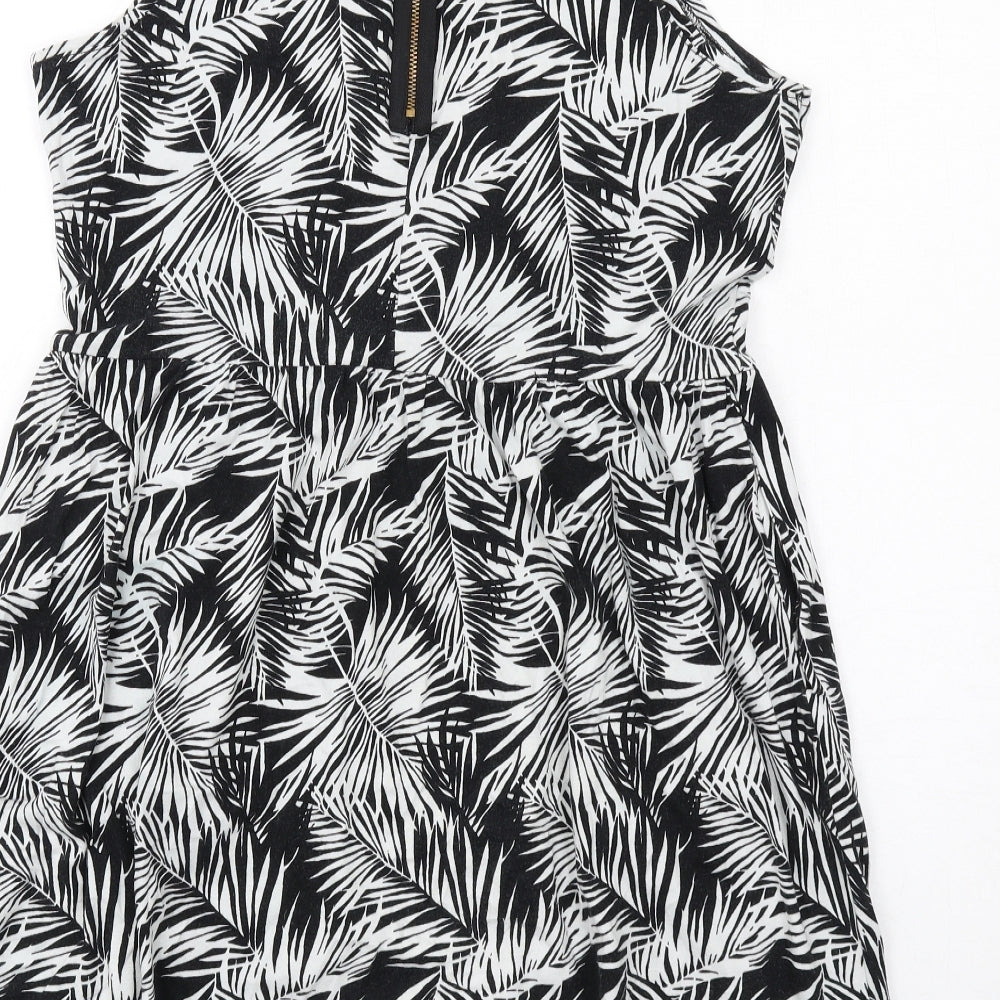 H&M Womens Black Geometric Cotton Tank Dress Size L Round Neck Zip - Leaf pattern