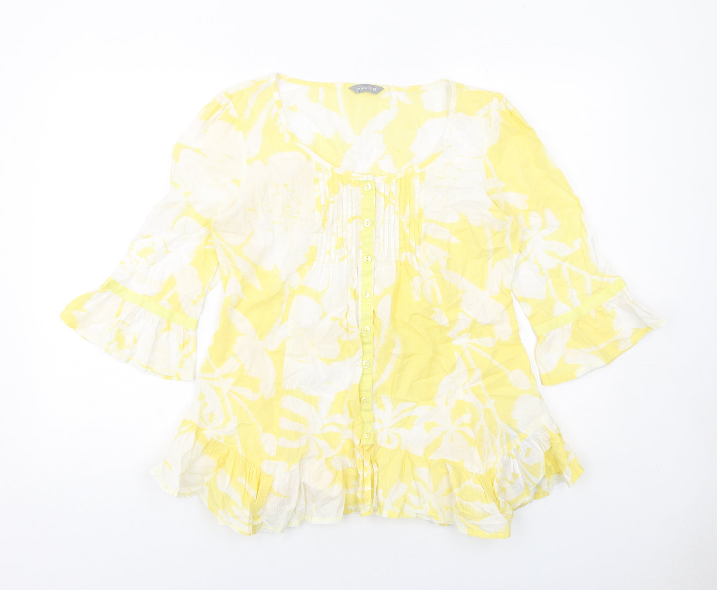 Per Una Womens Yellow Geometric Cotton Basic Button-Up Size 10 Boat Neck
