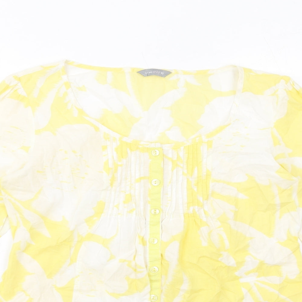 Per Una Womens Yellow Geometric Cotton Basic Button-Up Size 10 Boat Neck