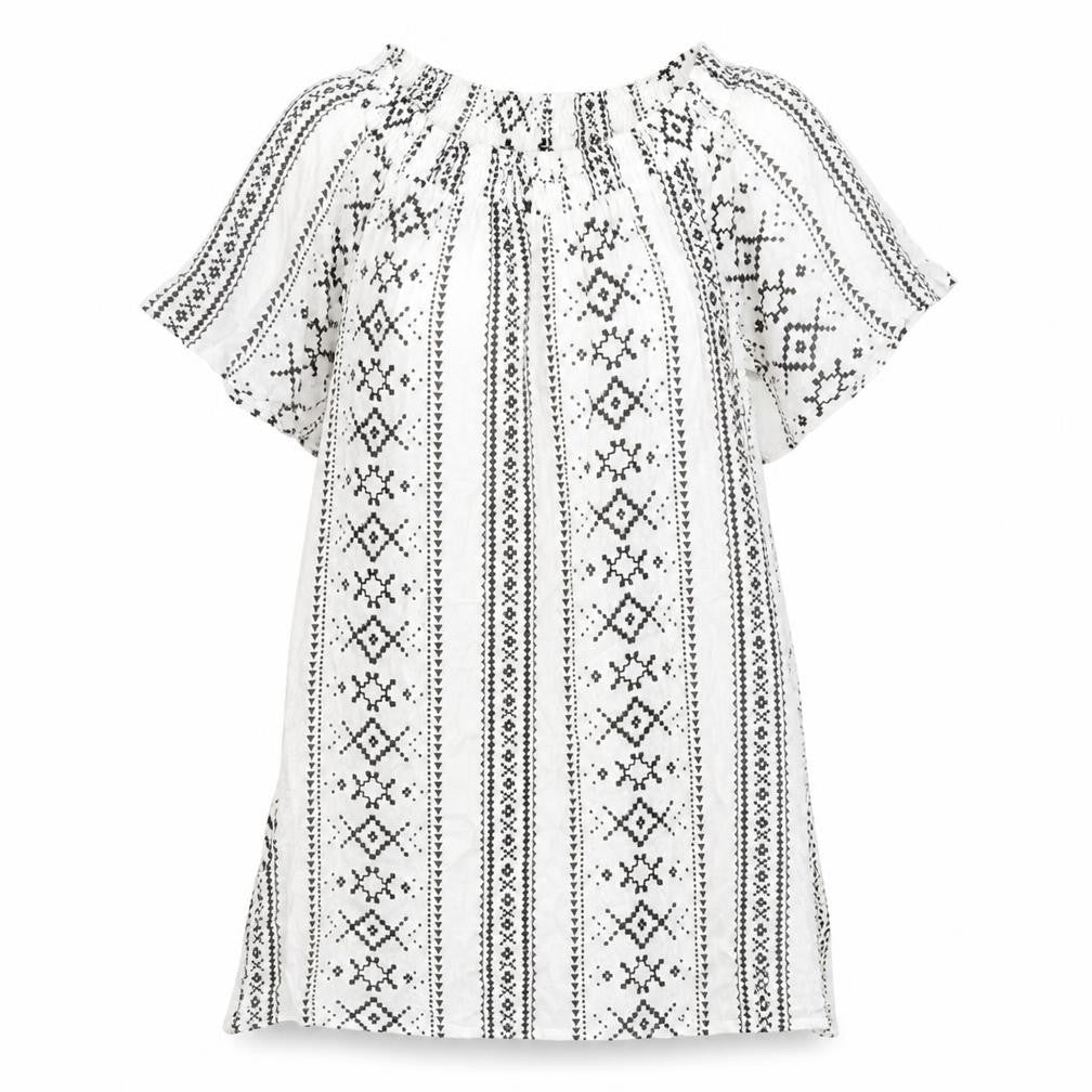 Front view of New Look women’s white geometric viscose a-line, size S, boat neck pullover