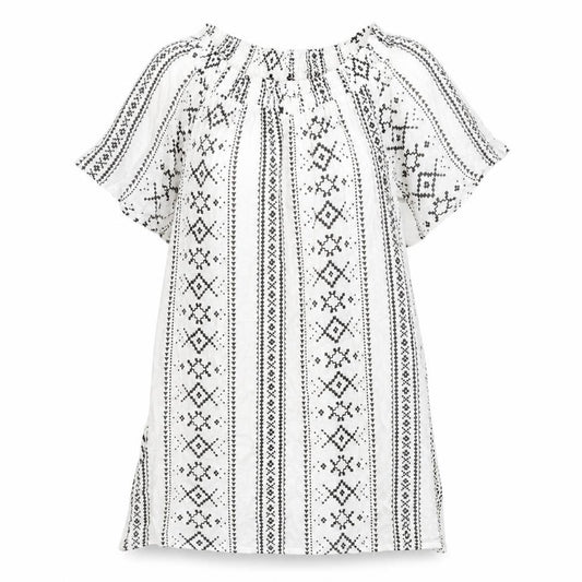Front view of New Look women’s white geometric viscose a-line, size S, boat neck pullover
