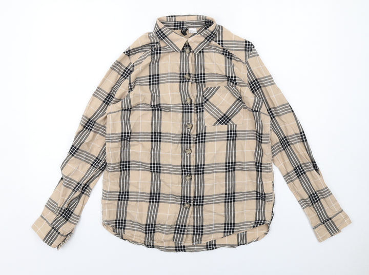 H&M Womens Beige Plaid Cotton Basic Button-Up Size 6 Collared