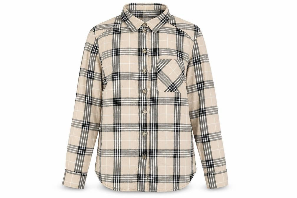 Front view of H&M women’s beige plaid cotton basic button-up, size UK 6, collared