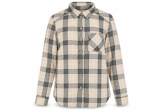 Front view of H&M women’s beige plaid cotton basic button-up, size UK 6, collared