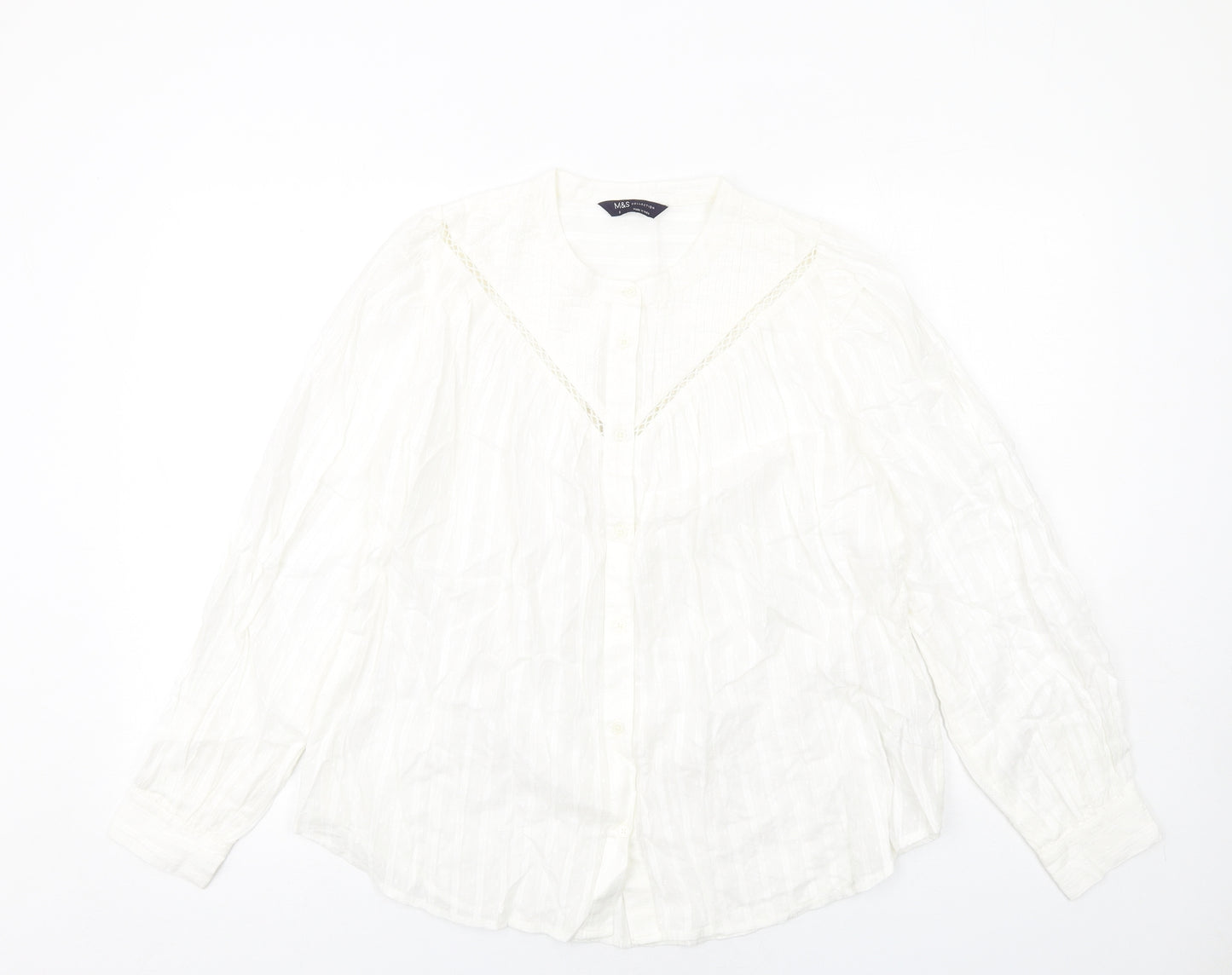 Marks and Spencer Womens White Cotton Basic Button-Up Size 8 Round Neck