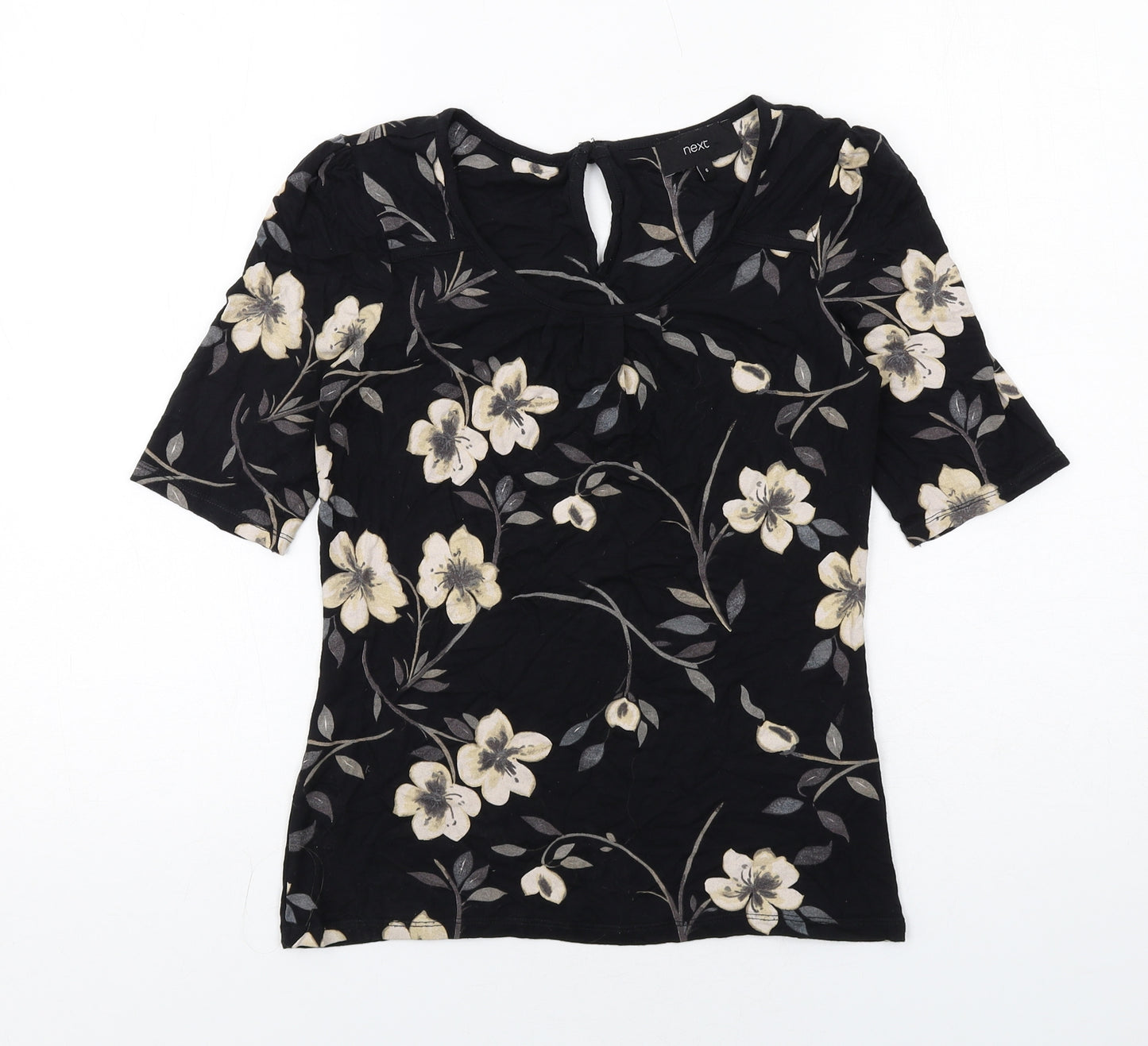 NEXT Womens Black Floral Viscose Basic T-Shirt Size 6 Scoop Neck