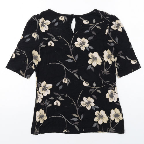 NEXT Womens Black Floral Viscose Basic T-Shirt Size 6 Scoop Neck