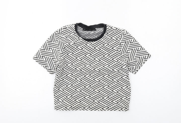 Topshop Womens White Geometric Cotton Basic T-Shirt Size 4 Round Neck