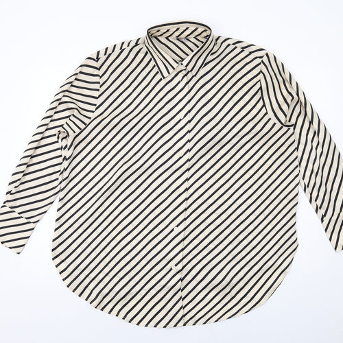 H&M Womens Ivory Striped Polyester Basic Button-Up Size L Collared