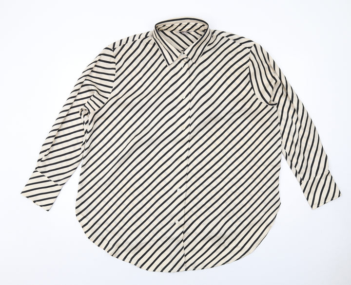 H&M Womens Ivory Striped Polyester Basic Button-Up Size L Collared