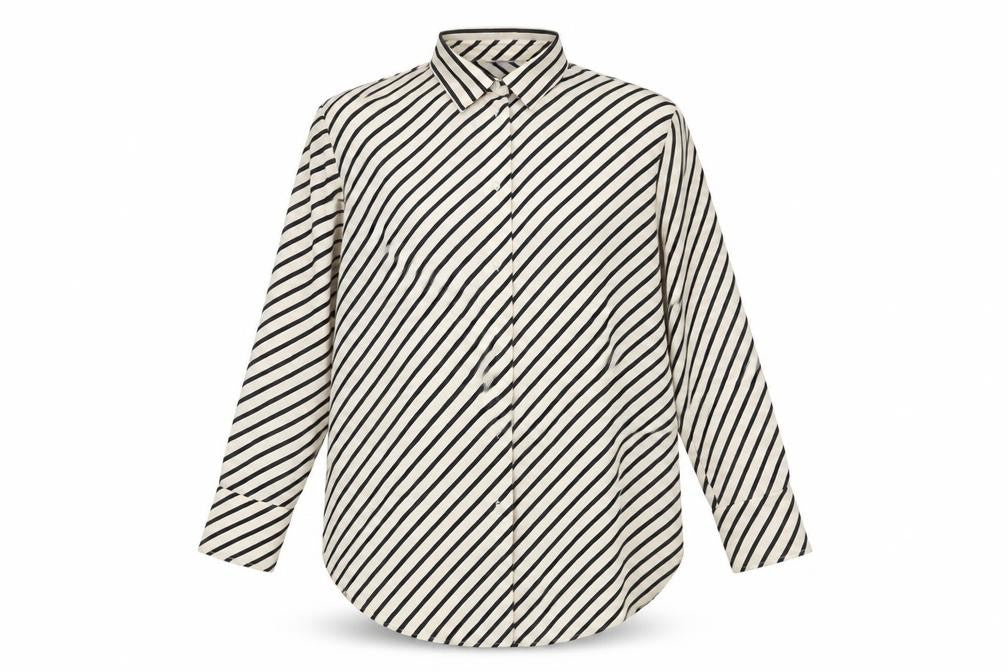 Front view of H&M women’s ivory striped polyester basic button-up, size L, collared