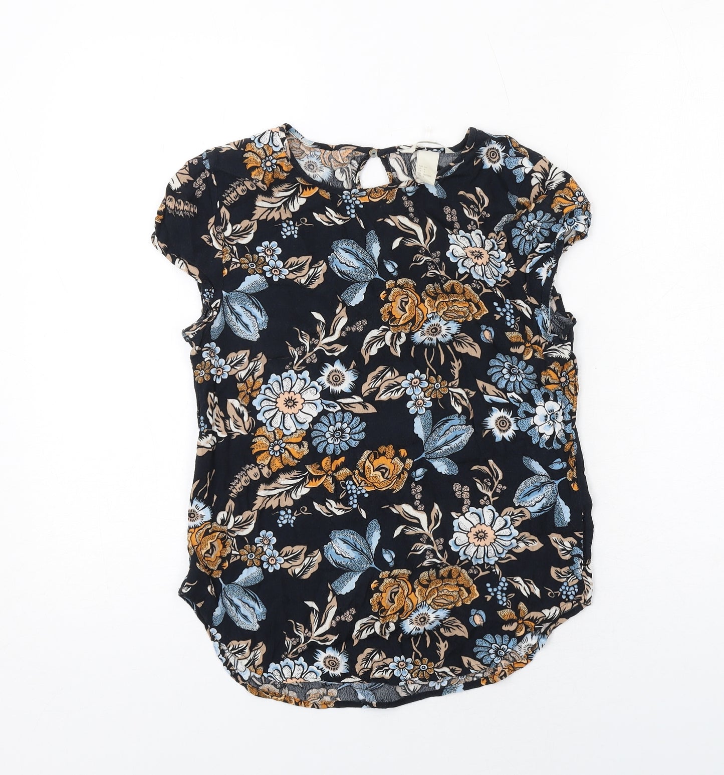 H&M Womens Blue Floral Viscose Basic Blouse Size 6 Boat Neck