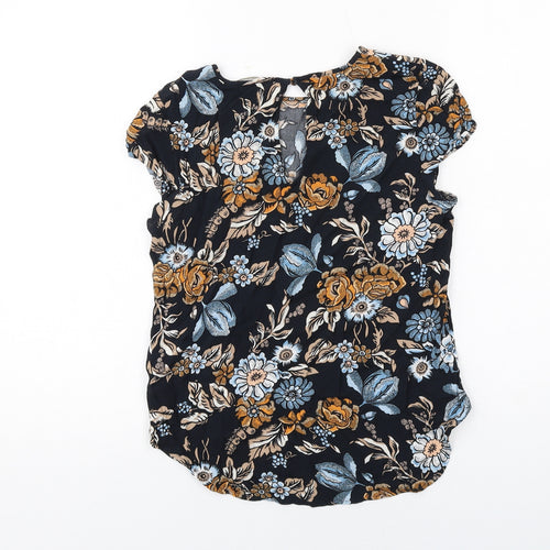 H&M Womens Blue Floral Viscose Basic Blouse Size 6 Boat Neck