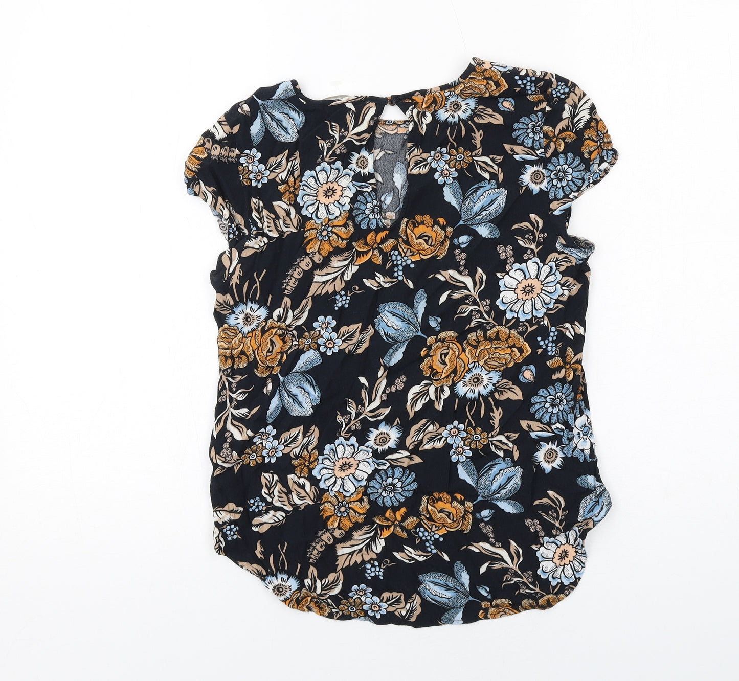 H&M Womens Blue Floral Viscose Basic Blouse Size 6 Boat Neck