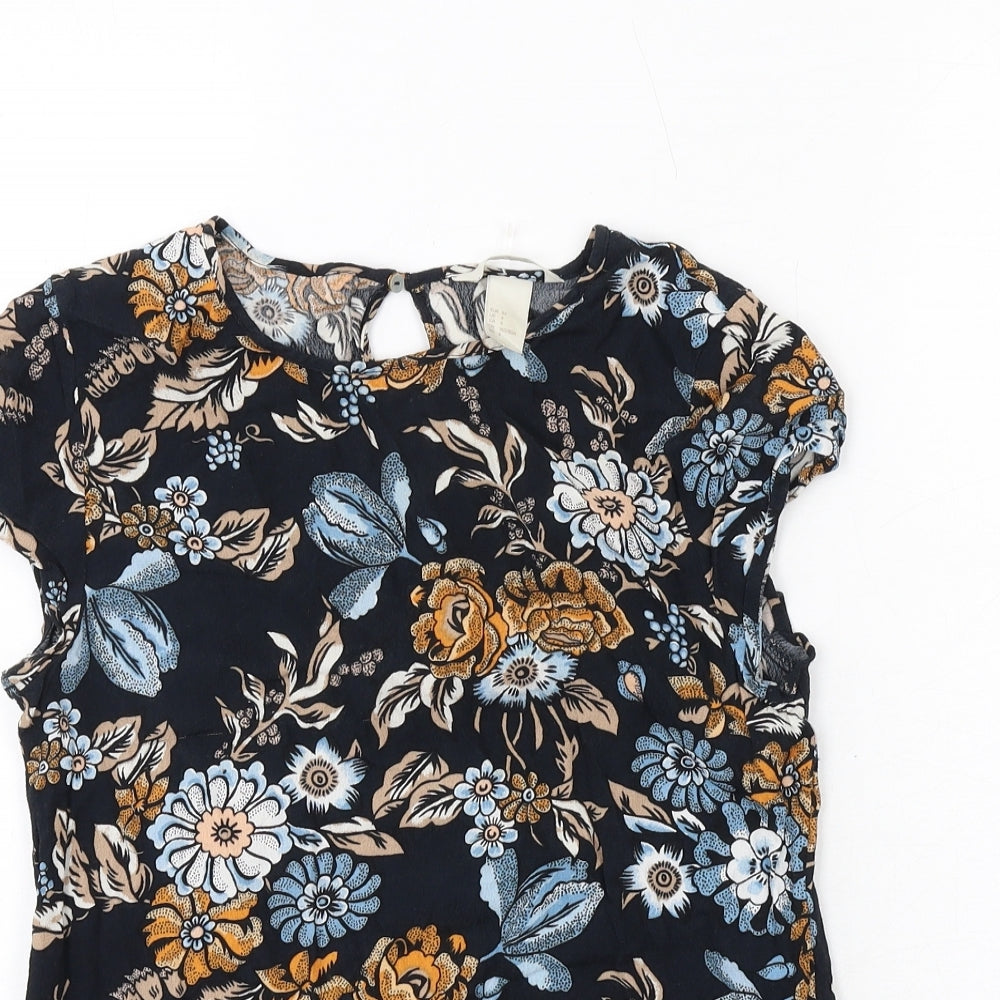H&M Womens Blue Floral Viscose Basic Blouse Size 6 Boat Neck