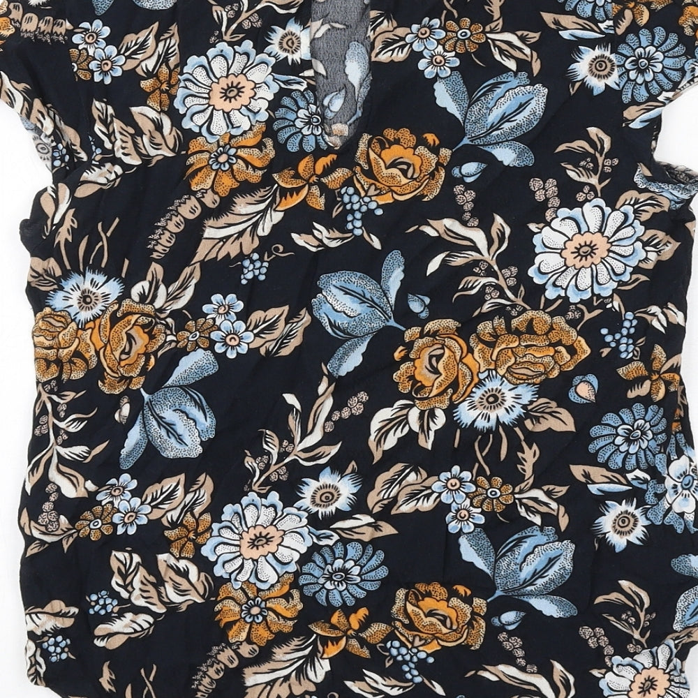 H&M Womens Blue Floral Viscose Basic Blouse Size 6 Boat Neck