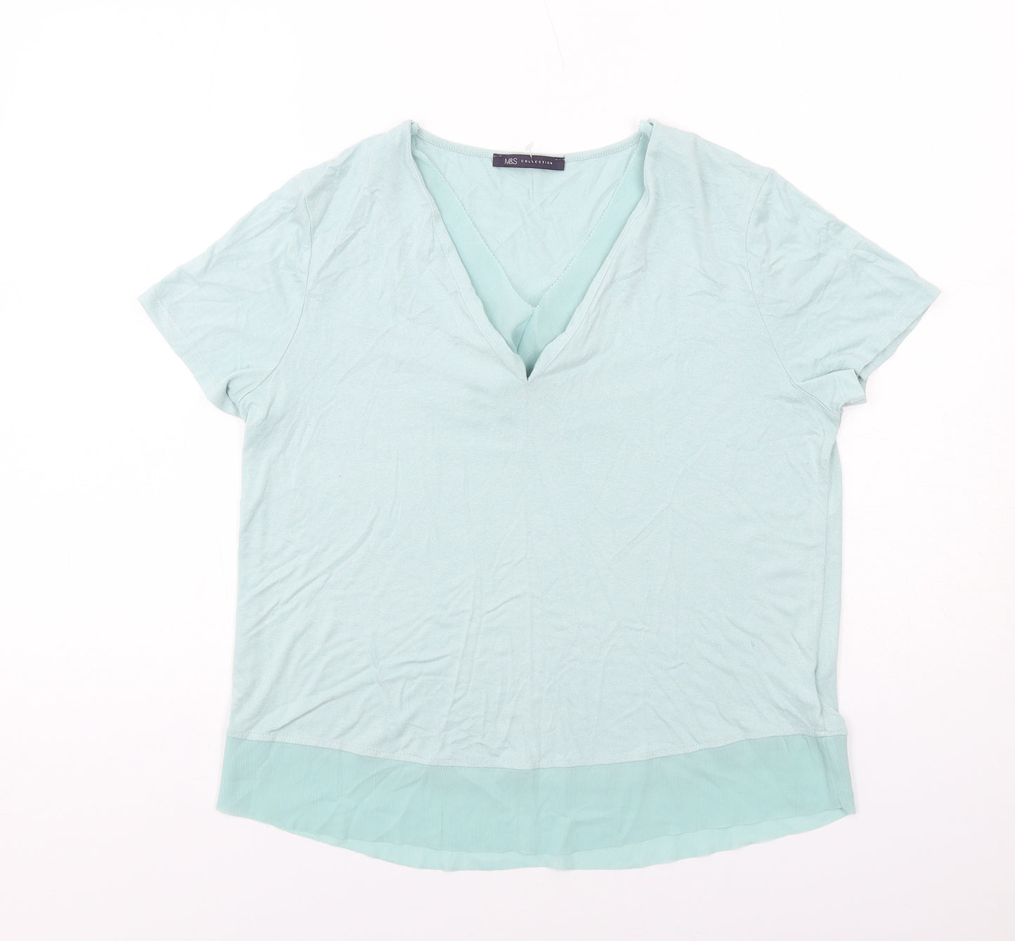 Marks and Spencer Womens Green Viscose Basic T-Shirt Size 12 V-Neck