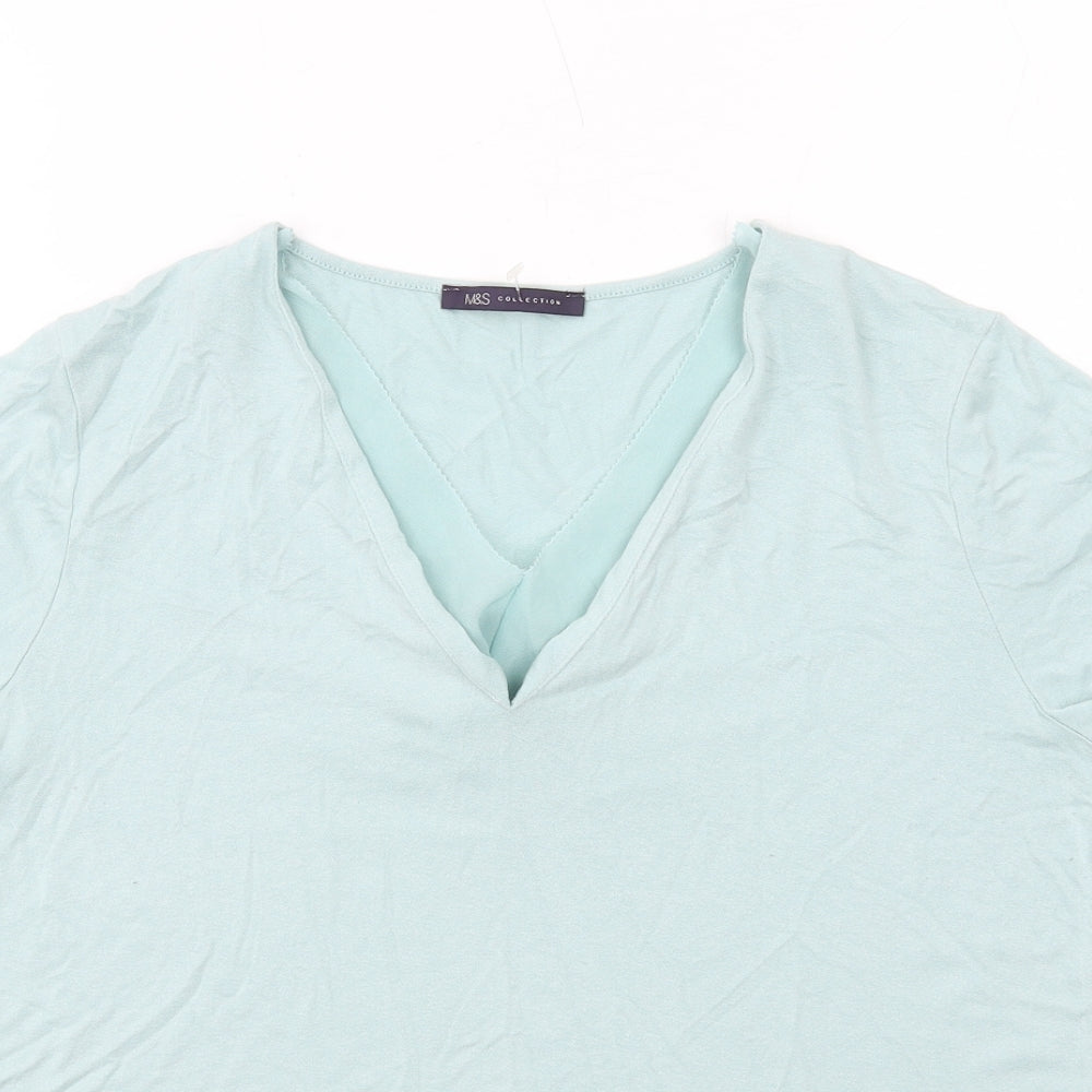 Marks and Spencer Womens Green Viscose Basic T-Shirt Size 12 V-Neck