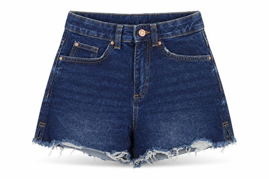Front view of Denim & Co. women’s blue 100% cotton boyfriend shorts, size UK 6, regular zip - raw hem