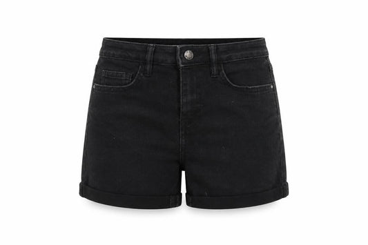 Front view of Denim & Co. women’s black cotton boyfriend shorts, size UK 6, 3-inch leg regular zip