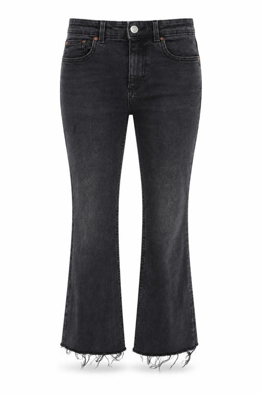 Front view of Denim & Co. women’s grey cotton bootcut jeans, size UK 6, 25-inch leg regular zip - frayed hem