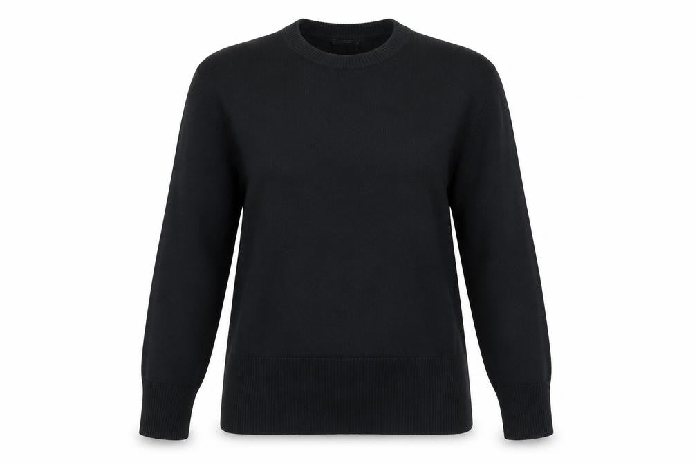 Front view of Mobaco women’s black round neck 100% cotton jumper, size UK 4