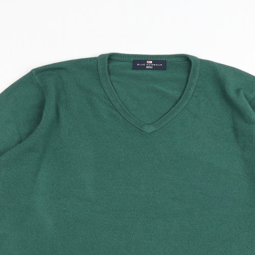 Blue Harbour Mens Green V-Neck Acrylic Pullover Jumper Size M Long Sleeve