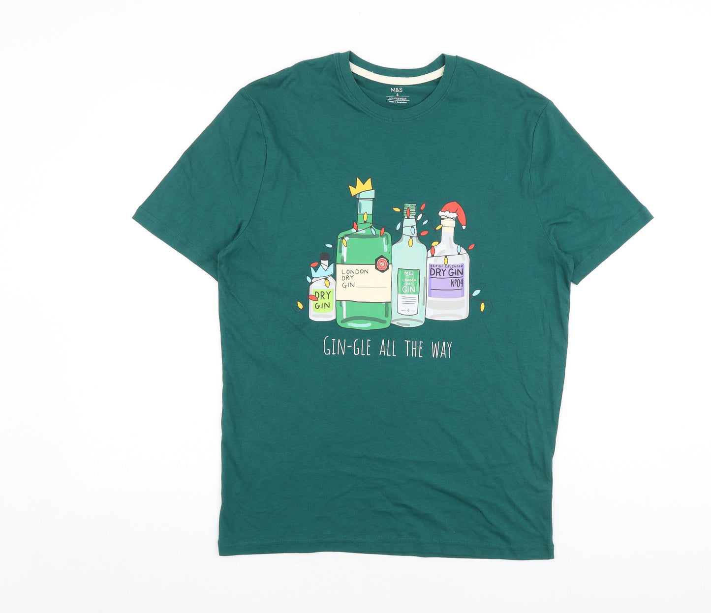 Marks and Spencer Mens Green Cotton T-Shirt Size S Round Neck - Gin-gle All The Way