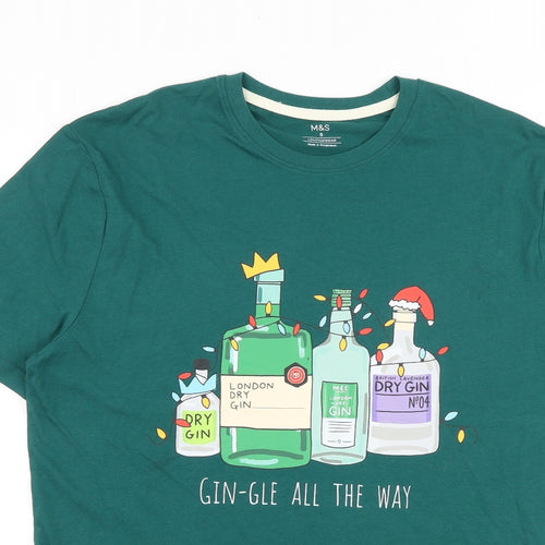 Marks and Spencer Mens Green Cotton T-Shirt Size S Round Neck - Gin-gle All The Way