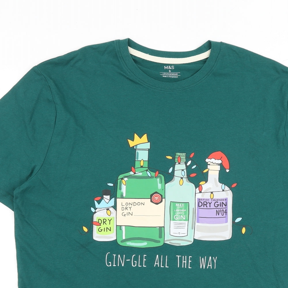 Marks and Spencer Mens Green Cotton T-Shirt Size S Round Neck - Gin-gle All The Way