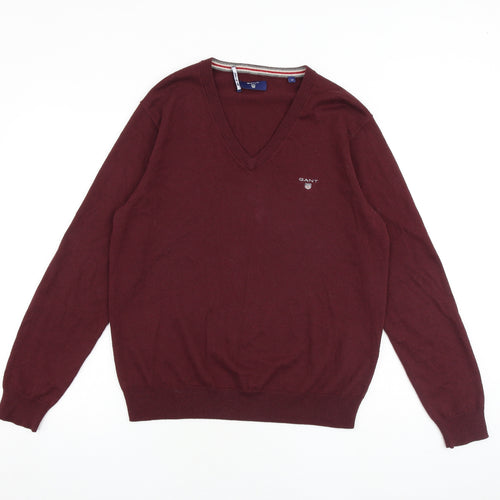GANT Mens Red V-Neck Cotton Pullover Jumper Size M Long Sleeve