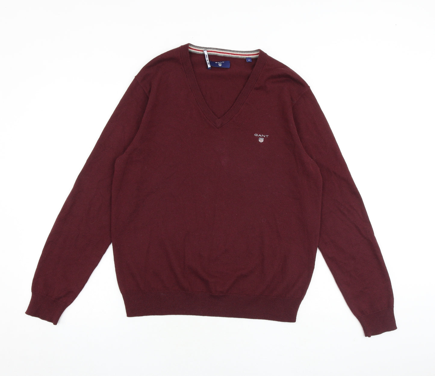 GANT Mens Red V-Neck Cotton Pullover Jumper Size M Long Sleeve