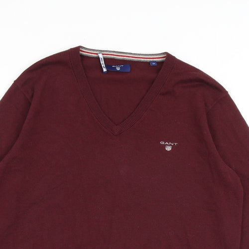 GANT Mens Red V-Neck Cotton Pullover Jumper Size M Long Sleeve