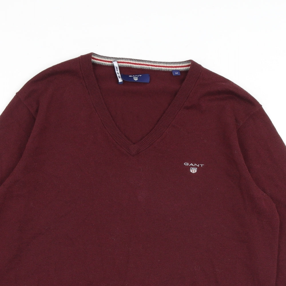 GANT Mens Red V-Neck Cotton Pullover Jumper Size M Long Sleeve