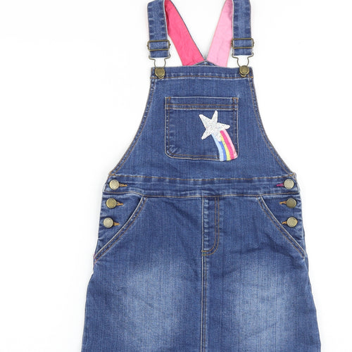 Joules Girls Blue Cotton Pinafore/Dungaree Dress Size 7-8 Years Square Neck Buckle