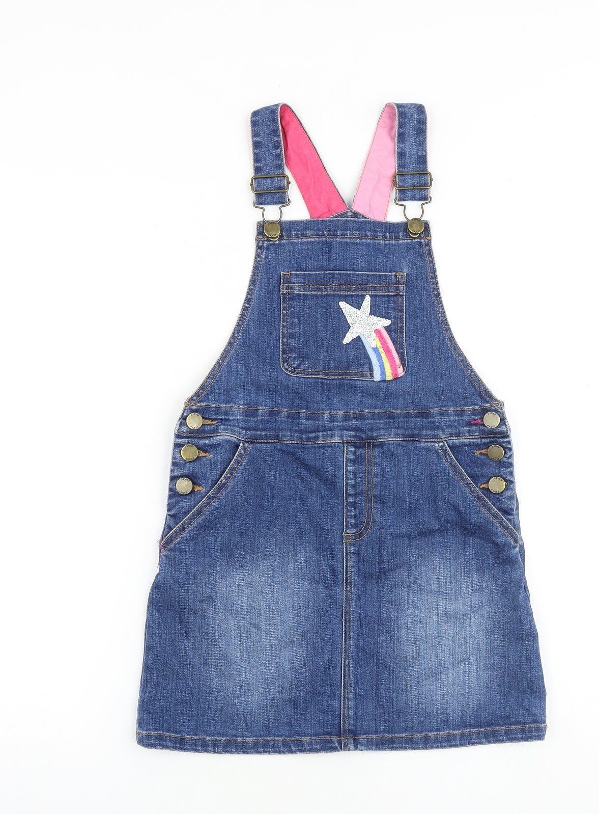 Joules Girls Blue Cotton Pinafore/Dungaree Dress Size 7-8 Years Square Neck Buckle
