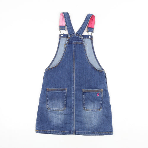 Joules Girls Blue Cotton Pinafore/Dungaree Dress Size 7-8 Years Square Neck Buckle