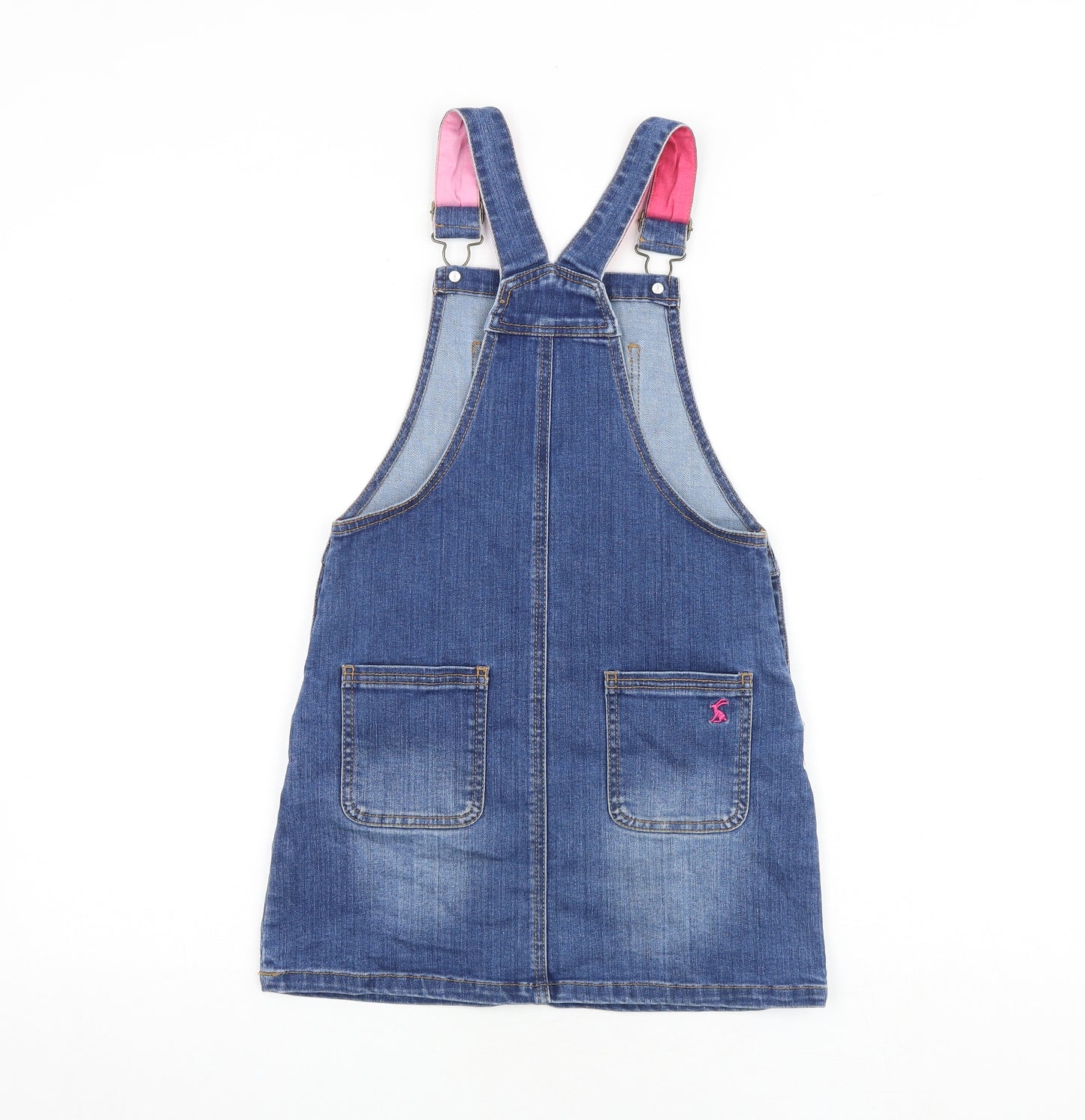 Joules Girls Blue Cotton Pinafore/Dungaree Dress Size 7-8 Years Square Neck Buckle