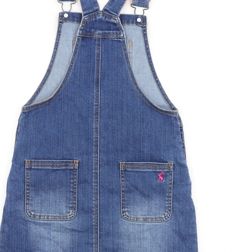 Joules Girls Blue Cotton Pinafore/Dungaree Dress Size 7-8 Years Square Neck Buckle