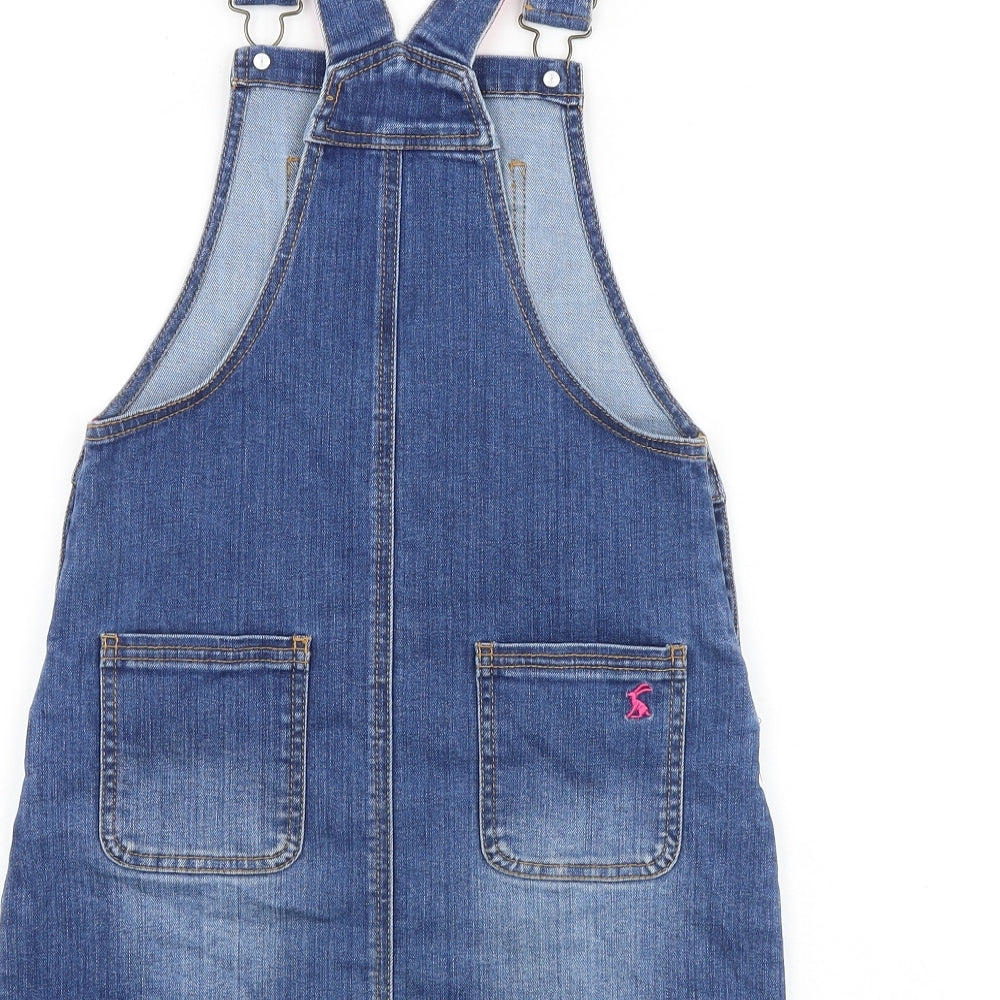 Joules Girls Blue Cotton Pinafore/Dungaree Dress Size 7-8 Years Square Neck Buckle