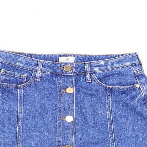 River Island Womens Blue Cotton A-Line Skirt Size 8 Button