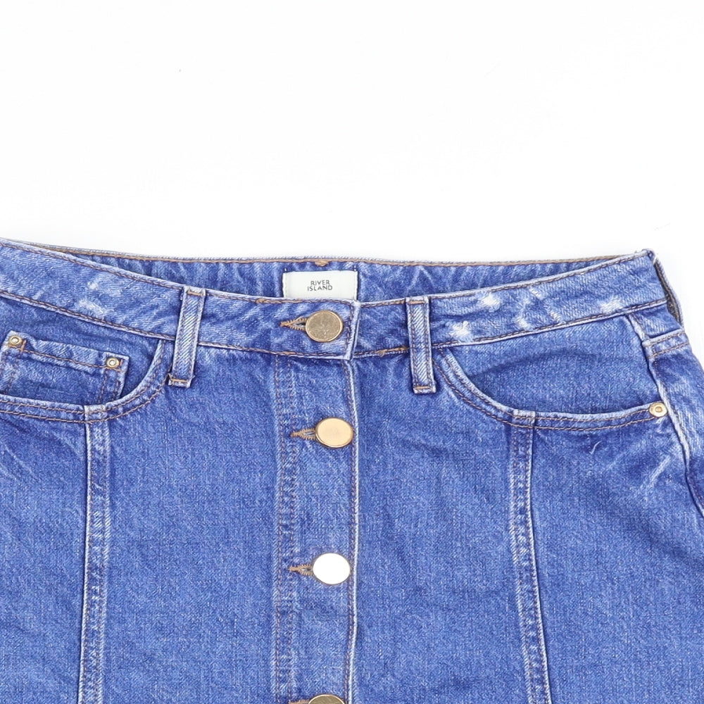 River Island Womens Blue Cotton A-Line Skirt Size 8 Button