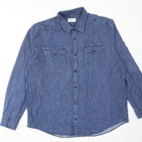 Easy Mens Blue Cotton Button-Up Size XL Collared Button