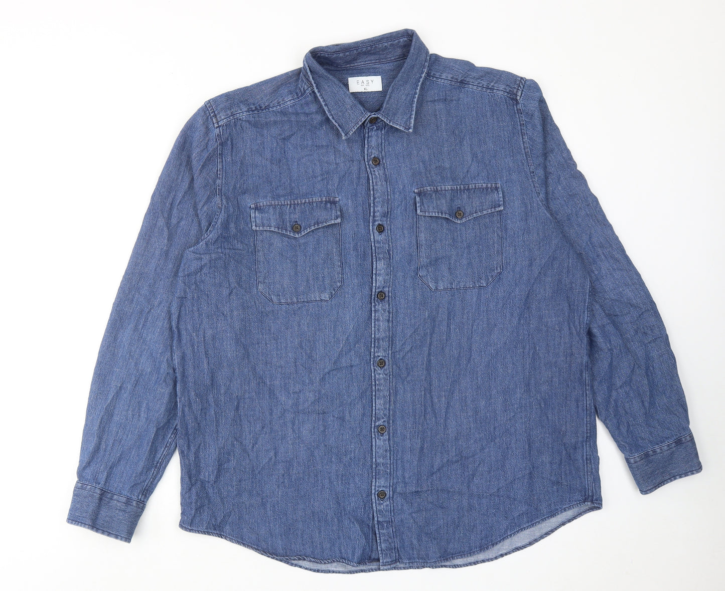 Easy Mens Blue Cotton Button-Up Size XL Collared Button