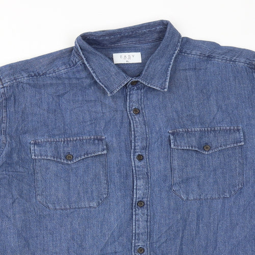 Easy Mens Blue Cotton Button-Up Size XL Collared Button