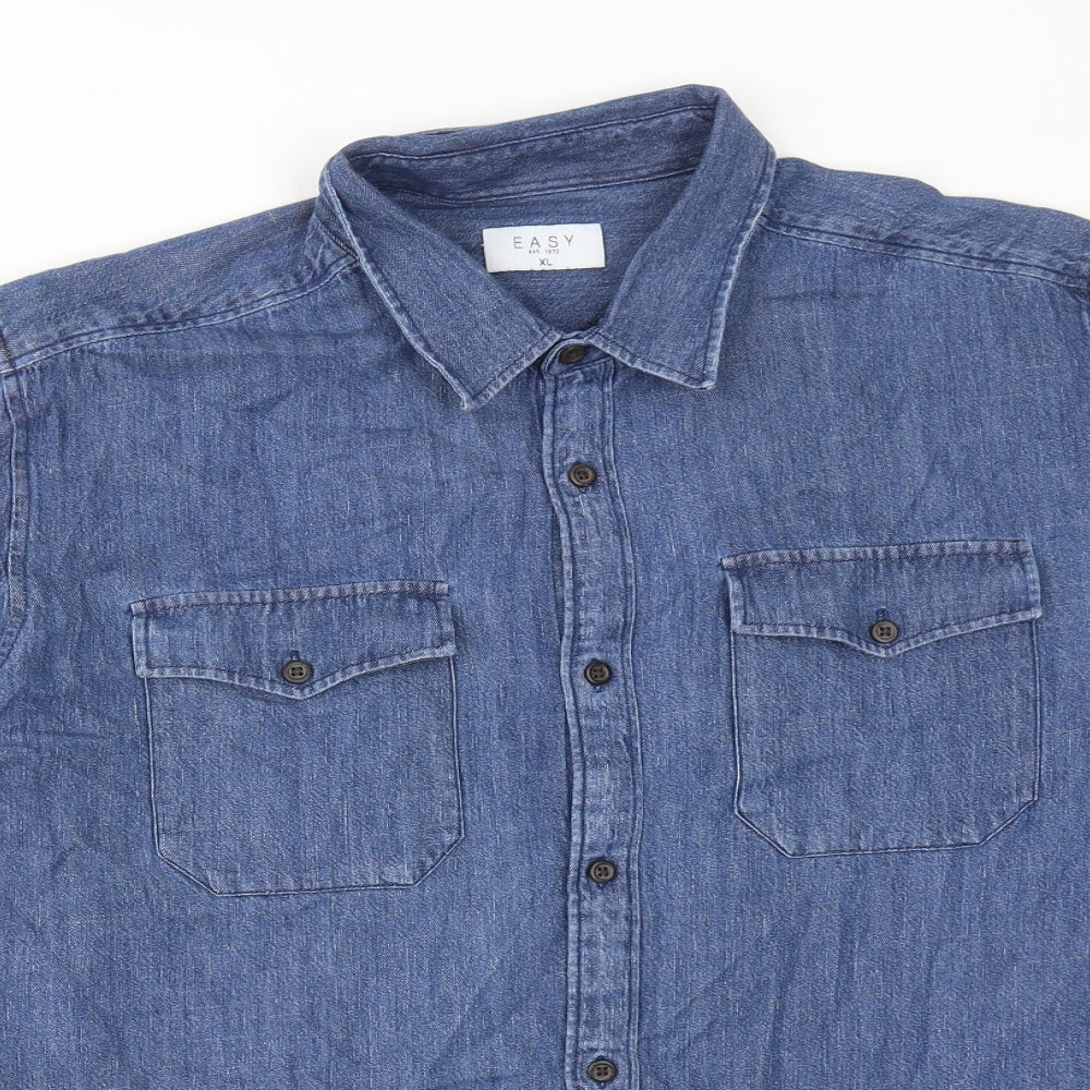Easy Mens Blue Cotton Button-Up Size XL Collared Button